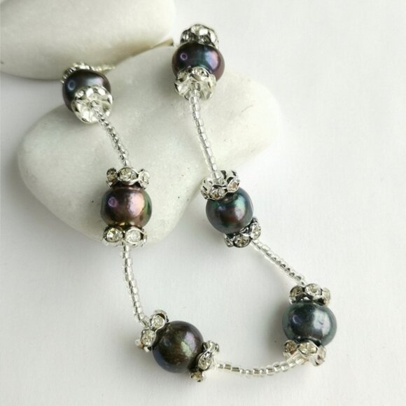 Genuine Peacock Grey Freshwater pearl Crystal  Bracelet - Picture 1 of 5
